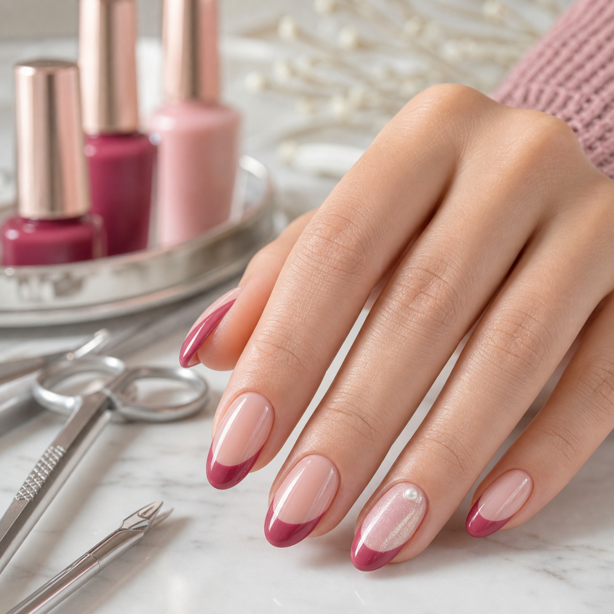 Glossy rose French manicure at Binh’s Nails Beaumont