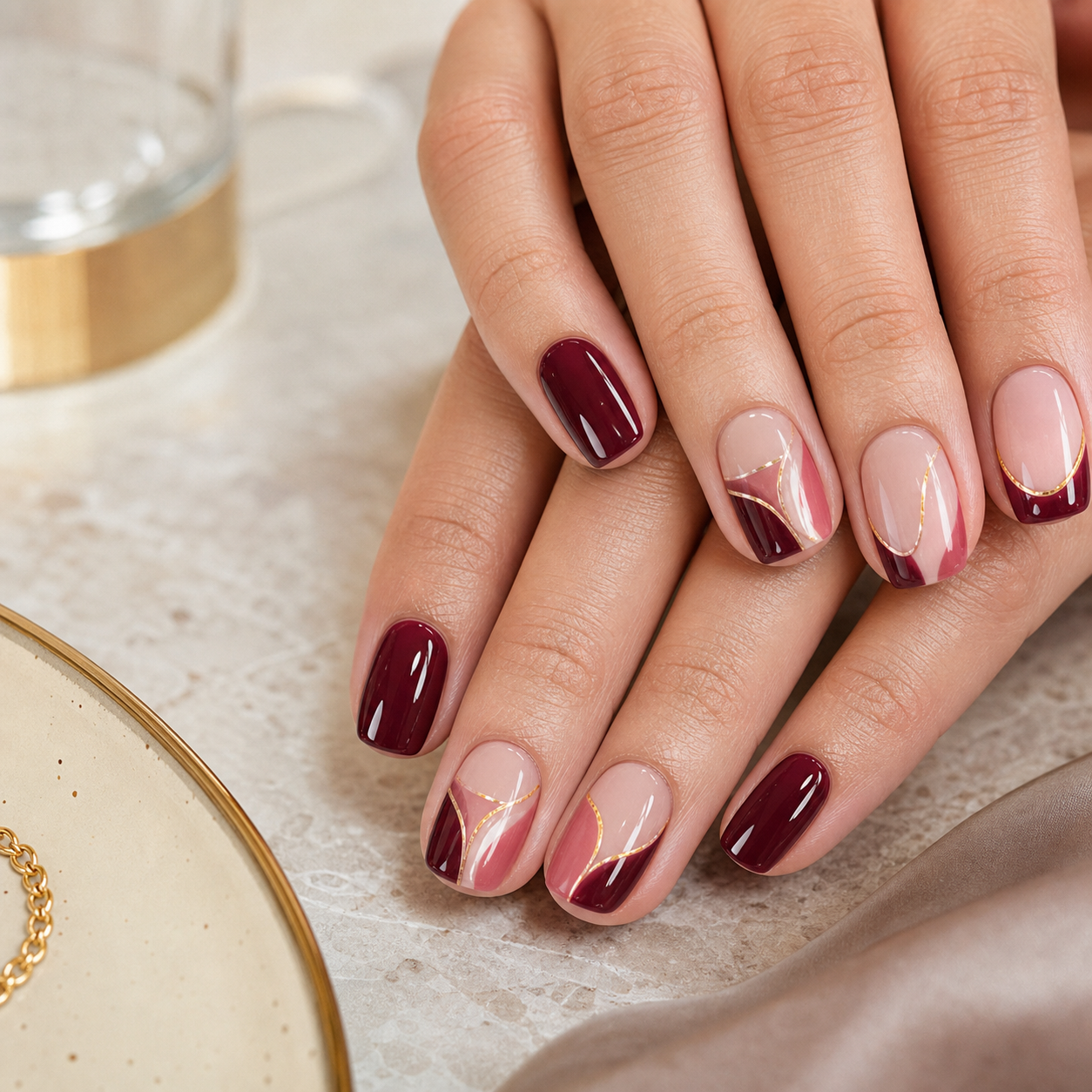 Wine red and gold nail art at Binh’s Nails Beaumont